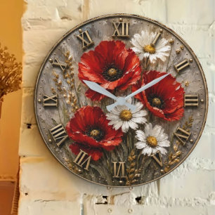 Red Poppy White Daisy Rustic Wildflower Botanical Large Clock