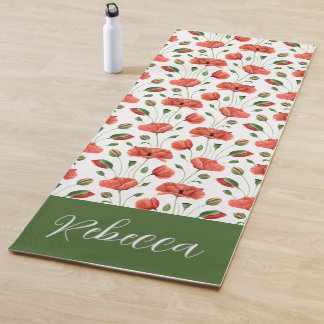 Red Poppy Wildflower Watercolor Custom Name Yoga Mat