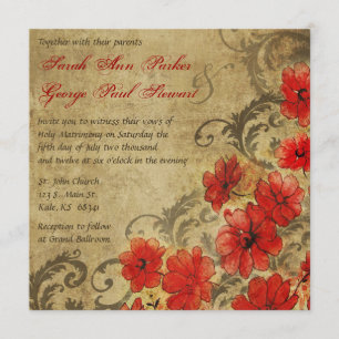 Red Poppy with Flourishes Vintage Wedding Invitation