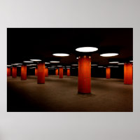 RED POST UNDER CEILING LIGHT AT NIGHT