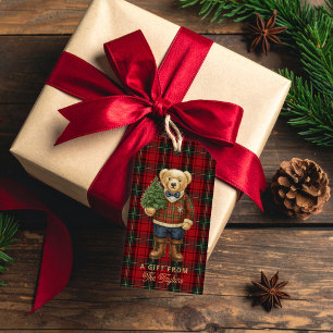 Red Preppy Plaid Christmas Teddy Bear Gift Tags