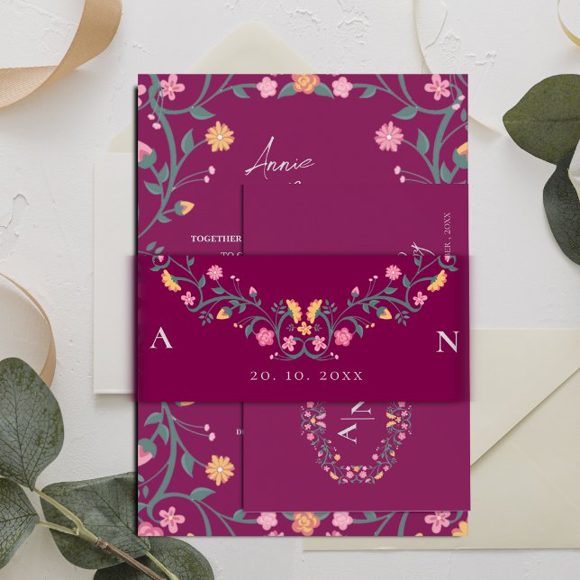 Red Pretty Monogram Initials Floral Wedding Invitation Belly Band (Red Pretty Monogram Initials Floral Wedding Invitation Belly Band)