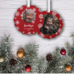 Red Pretty Snowflakes Baby's 1st Christmas Tree Decoration Card<br><div class="desc">Photo ornament celebrating your baby's first Christmas with snowflakes in white against red and two photos of your child.</div>