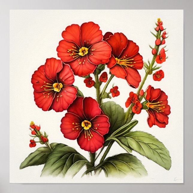Red Primrose Flowers Art Print Poster (Front)