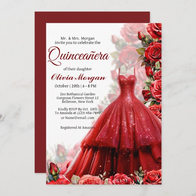 Red Princess Dress Quinceanera Invitation (Front/Back)