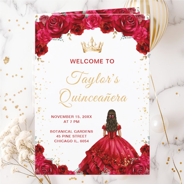 Red Princess Floral Quinceañera Program Programme (Creator Uploaded)