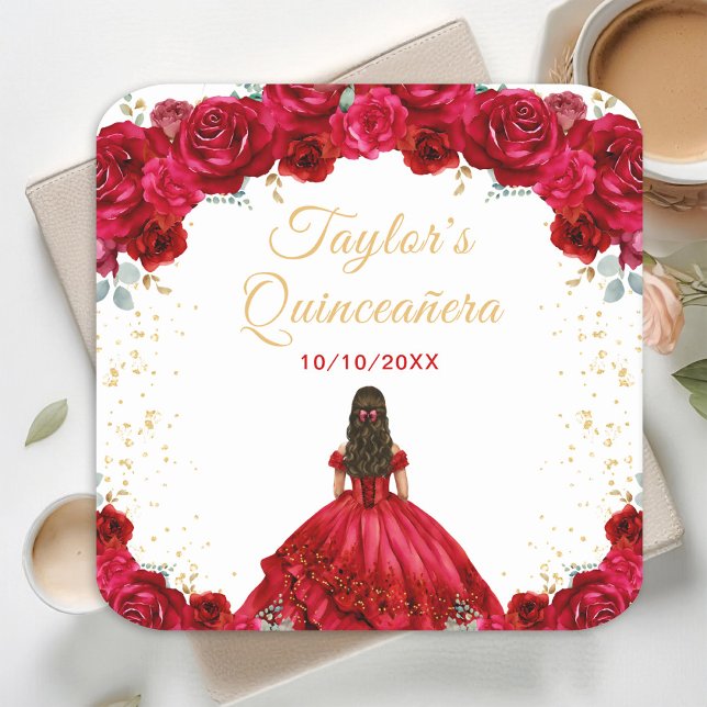 Red Princess Floral Quinceañera Square Paper Coaster (Creator Uploaded)
