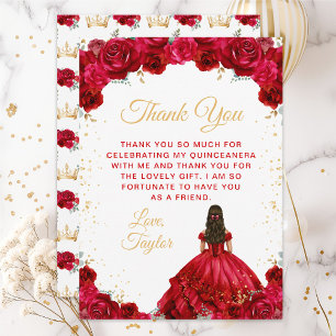 Red Princess Floral Quinceañera Thank You Card