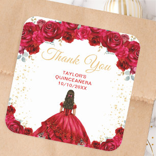Red Princess Quinceañera Thank You Square Sticker