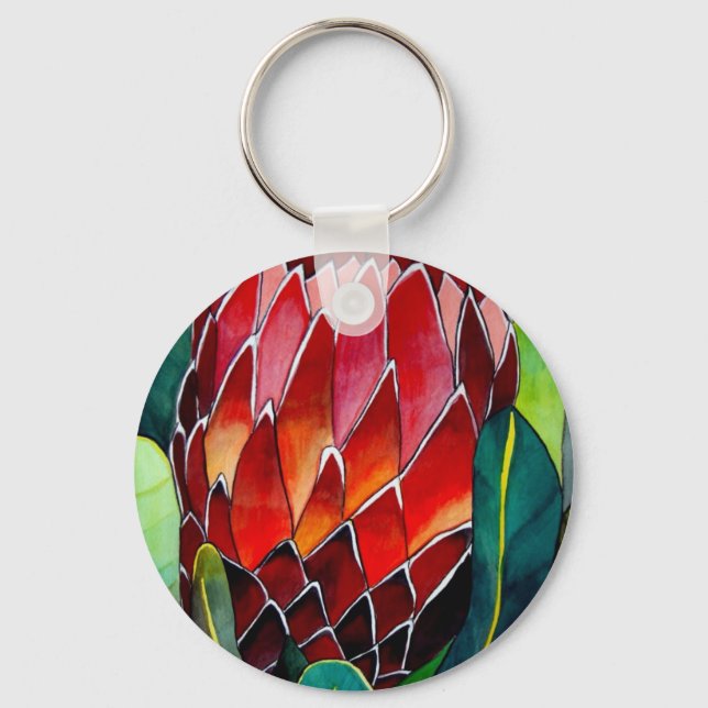 Red Protea flower original watercolour art Key Ring (Front)