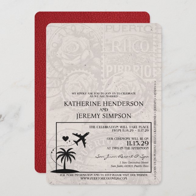 Red Puerto Rico Passport Wedding Invitation (Front/Back)