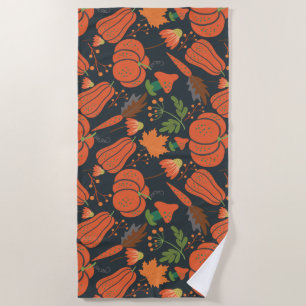 Red pumpkin seamless pattern and carrots beach towel