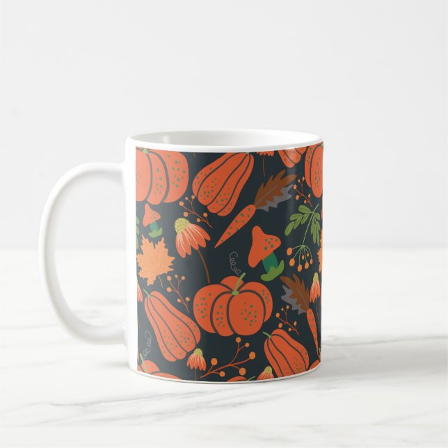 Red pumpkin seamless pattern and carrots coffee mug (Left)