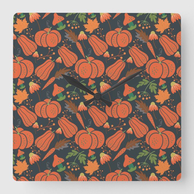 Red pumpkin seamless pattern and carrots square wall clock (Front)