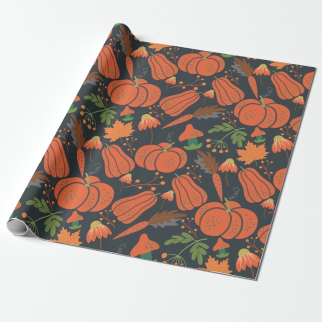 Red pumpkin seamless pattern and carrots wrapping paper (Unrolled)