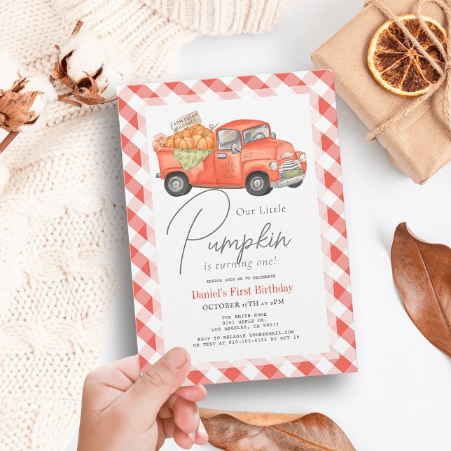 Red Pumpkin Truck Gingham 1st Birthday Invitation (Creator Uploaded)