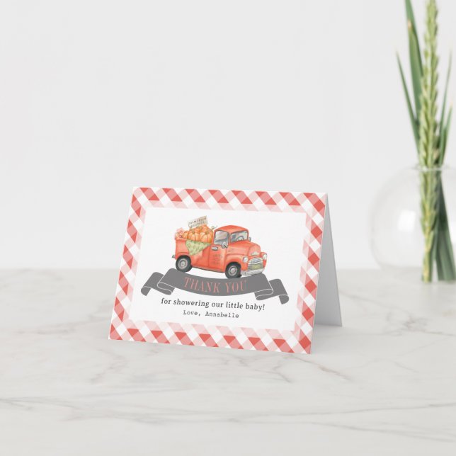 Red Pumpkin Truck Gingham Baby Shower Thank You Card (Front)