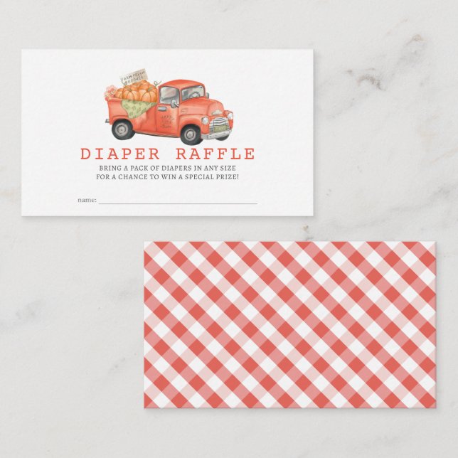 Red Pumpkin Truck Gingham Diaper Raffle Ticket Enclosure Card (Front/Back)
