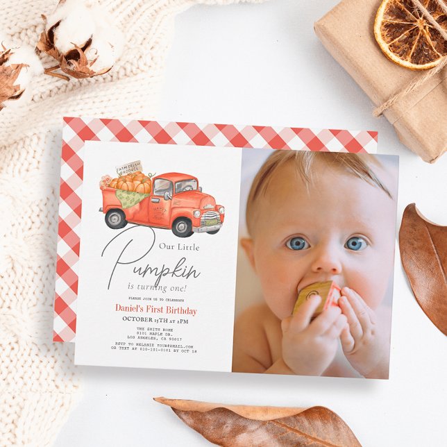 Red Pumpkin Truck Gingham Photo 1st Birthday Invitation (Creator Uploaded)