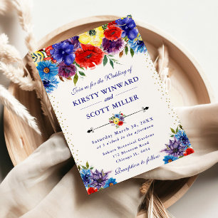 Red, Purple and Blue Summer Flowers Wedding Invitation