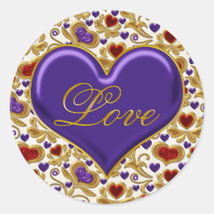 Red Purple and Gold Hearts Ornate Gold Swirls Love Classic Round Sticker