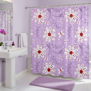 Red Purple And White Flowers And Butterflies Shower Curtain