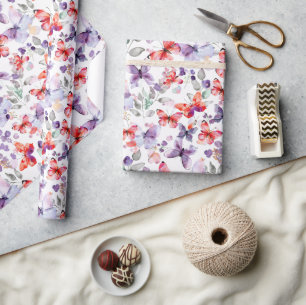 Red Purple Butterflies Birthday Wrapping Paper