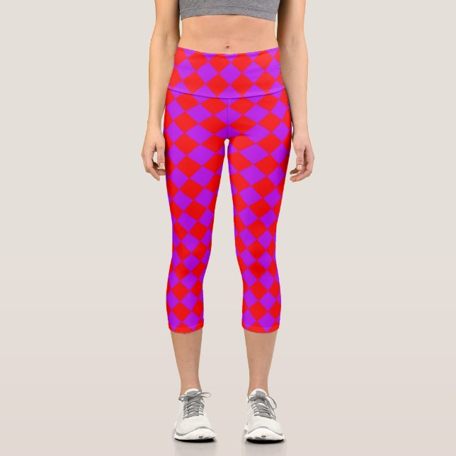 Red Purple Chequered Diamond Pattern  Capri Leggings (Front)