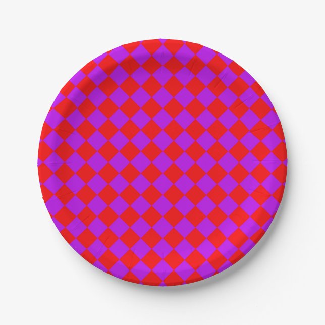 Red Purple Chequered Diamond Pattern Paper Plate (Front)
