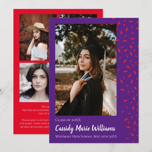 Red Purple Confetti Graduation Announcement (Front/Back)