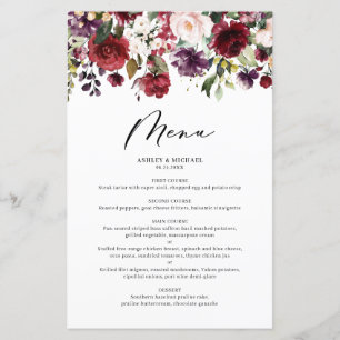 Red & Purple Fall Floral Garland Wedding Menu Card