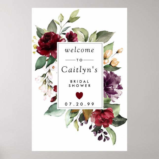 Red Purple Floral Bridal Shower Welcome Sign (Front)