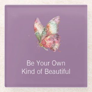 Red Purple Floral Garden Butterfly Glass Coaster