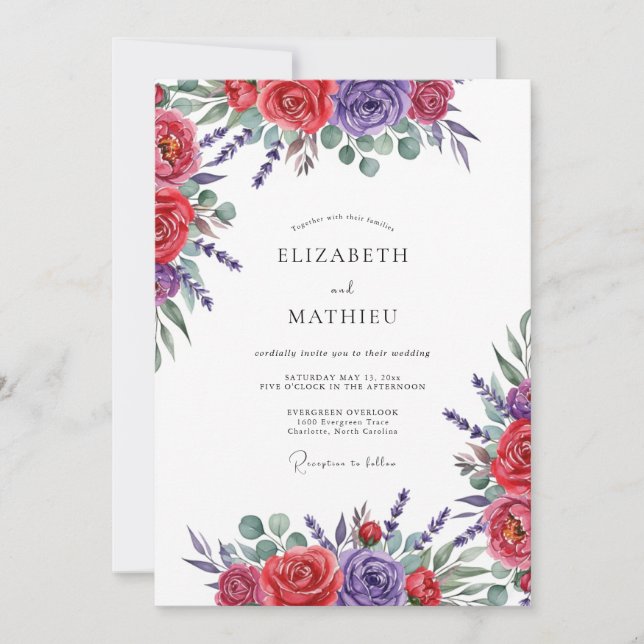 Red Purple Floral Romance Wedding Invitation (Front)
