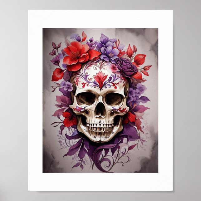 Red & Purple Floral Skull Halloween Wall Art   (Front)