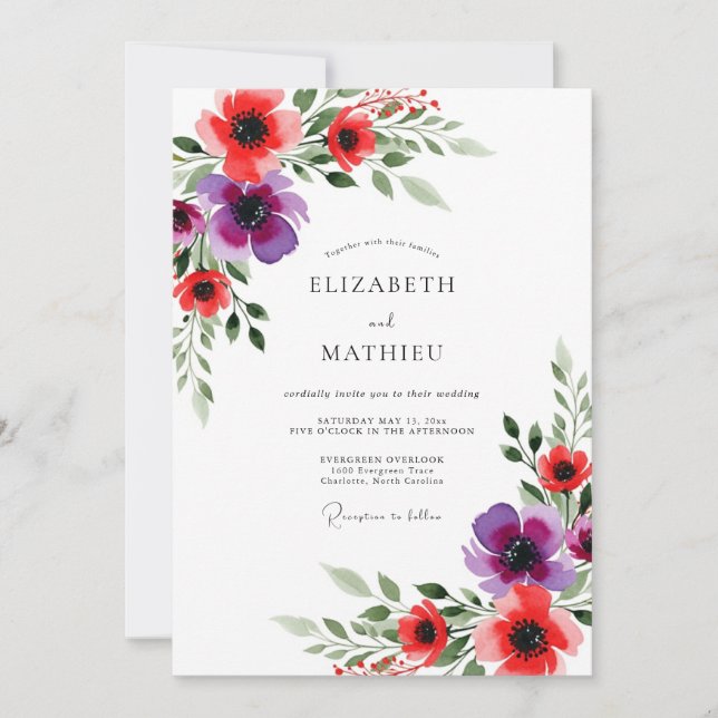 Red Purple Floral Whimsical Wedding Invitation (Front)