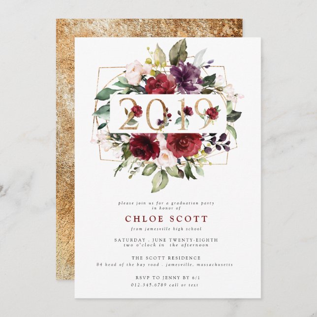 Red Purple Gold Floral 2019 Graduation Party Invitation (Front/Back)