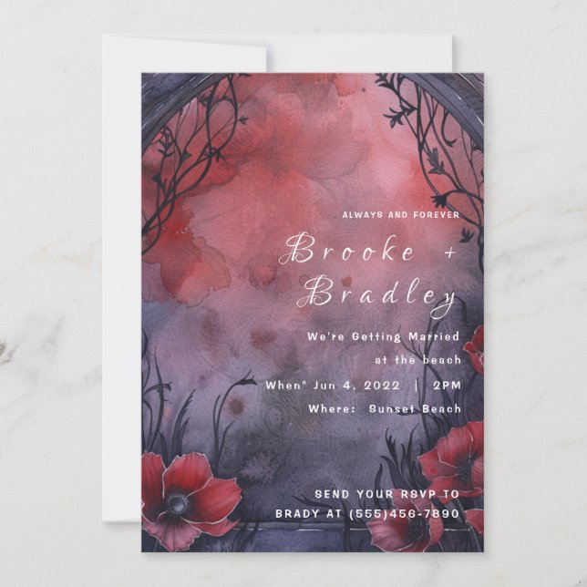 Red & Purple Gothic Floral Wedding Invitation (Front)