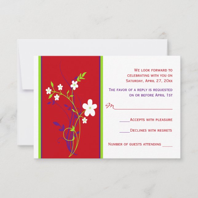 Red, Purple, Lime, White Floral Wedding RSVP Card (Front)