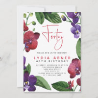 Red Purple Orchids 40th Birthday Party Invitation