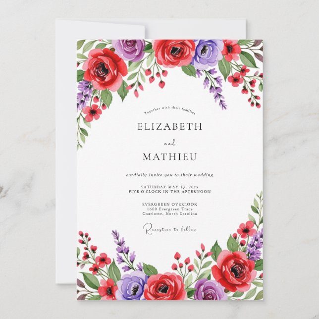 Red Purple Painterly Bloom Wedding Invitation (Front)