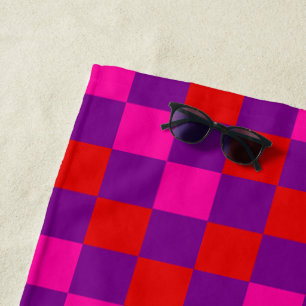 Red Purple Pink Chequered Pattern Design Beach Towel