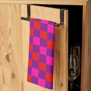 Red Purple Pink Chequered Pattern Design Tea Towel