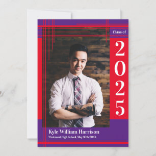 Red Purple School Colour Graduation Photo Plaid Invitation