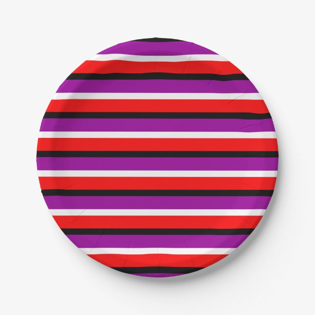 Red Purple Stripes Pattern Design Paper Plate (Front)