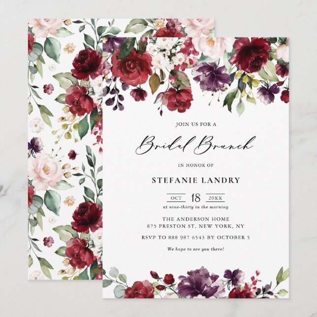 Red Purple Watercolor Floral Garland Bridal Brunch Invitation (Front/Back)