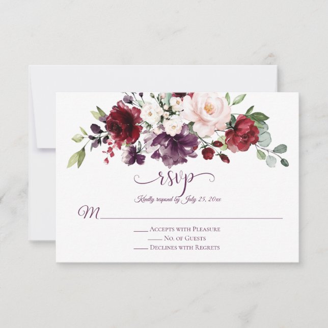 Red Purple White Green Floral Calligraphy RSVP Card (Front)