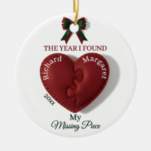Red Puzzle Heart Missing Piece Personalized Name Ceramic Tree Decoration