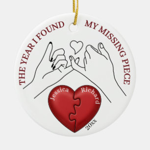 Red Puzzle Heart Pinky Promise Custom Couple Names Ceramic Tree Decoration