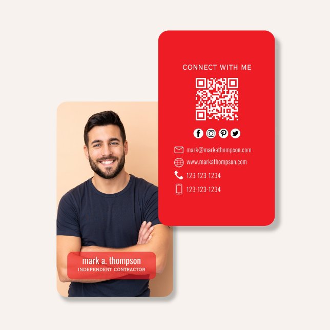 Red QR Code Photo Connect Modern Minimal Business Card (Modern photo business card with QR code in bright red minimalist design)